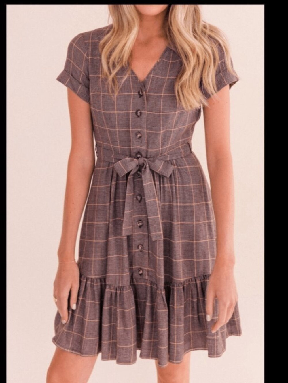 Gal Meets Glam Emerson plaid dress 8 ruffle brown belted short sleeve mini